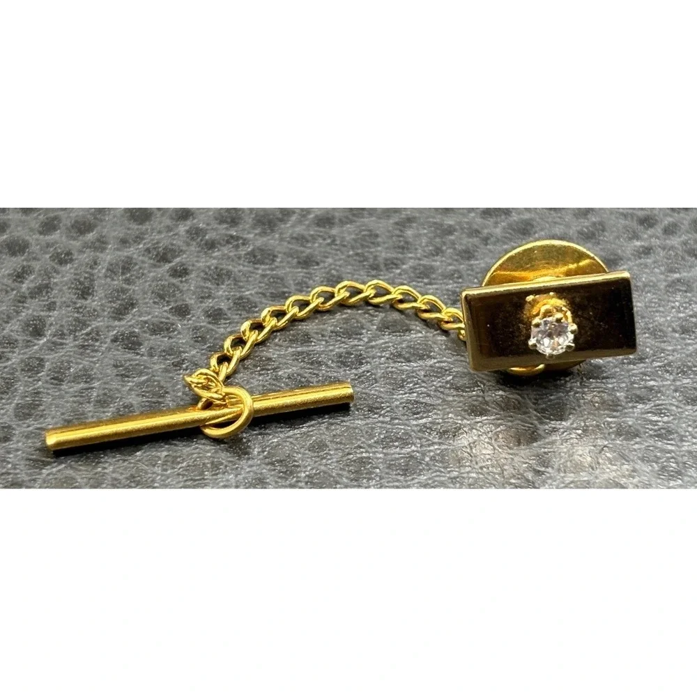 Vintage Men's Tie Tack Rectangle Bar Clear Cubic Zirconia Lapel Pin Gold Tone